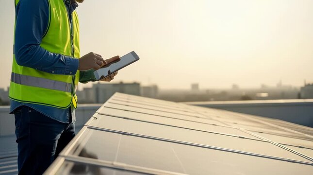 Solar panels renewable energy and sustainability for green technology rooftop installation process with technician inspecting data on tablet device in bright sunlight Efficiency maintenance and