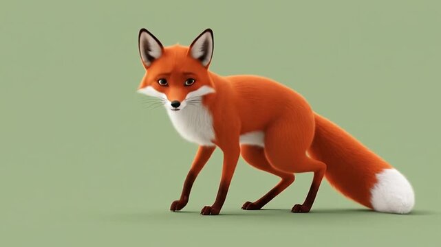 3D illustration of a cartoon red fox with a green background.