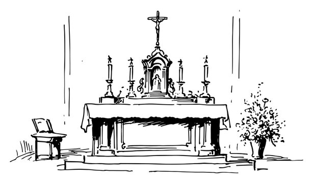 Detailed vector sketch of a catholic church altar with tabernacle and crucifix in line art style