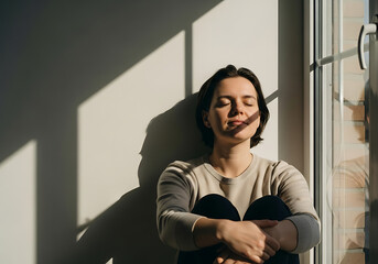Fototapeta premium Peaceful portrait of a young woman sitting by a window with eyes closed, warm golden hour sunlight creating shadows on the wall, mindfulness and relaxation concept in a minimalist interior