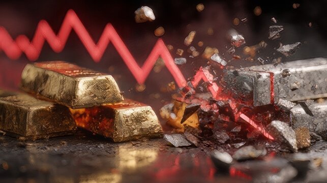 Gold and silver bars on a crash, volatile financial market stock market graph background. Shattered, broken gold and silver bullion bars stock market crash. 