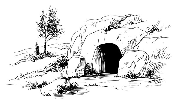 Artistic vector sketch of an empty tomb cave in a rocky biblical landscape