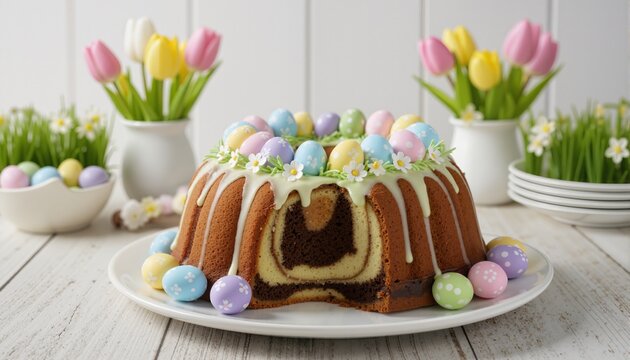 Easter Cake. Traditional ring marble cake withe easter decotation. Easter eggs and spring tulips. with copy space
