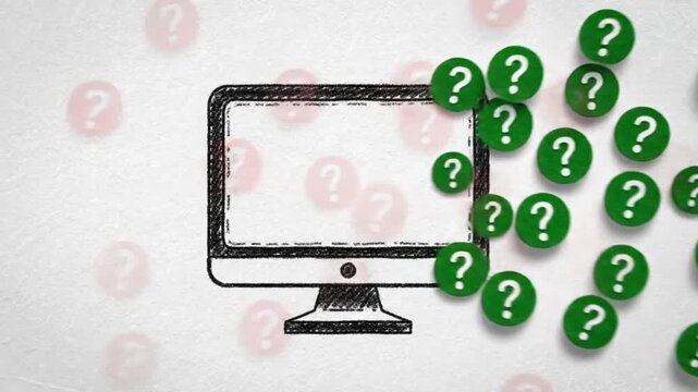 Computer monitor with red question mark symbols on white background