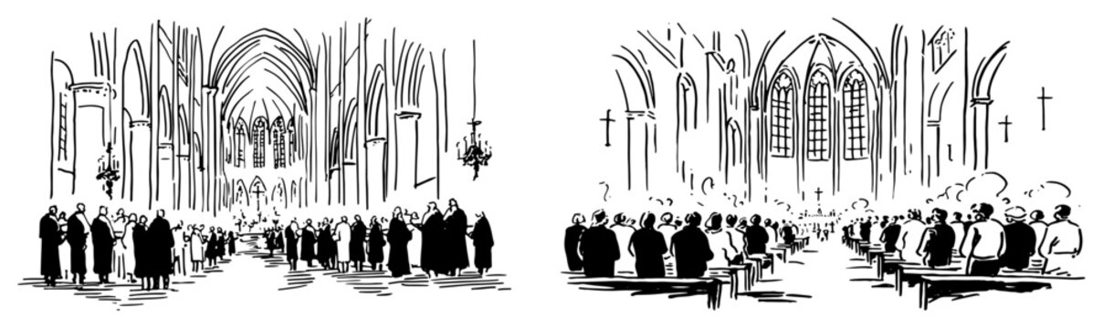 Hand drawn vector sketch of a crowded interior of a gothic cathedral with people attending mass