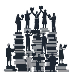 Diverse group of people building towers with books together.
