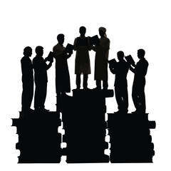 Diverse group of people standing on blocks reading documents together.