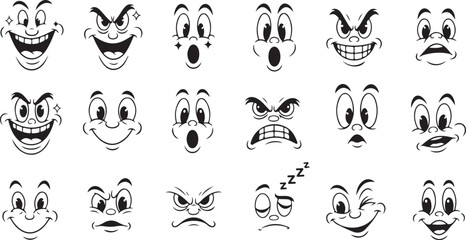 Fototapeta premium Retro Vintage Cartoon Facial Expressions and Eyes Mouth Elements Vector Set