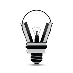Innovative education concept with books forming a light bulb.
