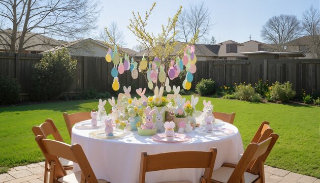 Easter decoration over dining table in back yard on sunny day
