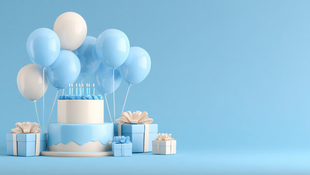 A charming birthday display featuring a two-tier cake with candles, blue and white balloons, and wrapped gifts for a joyous occasion.