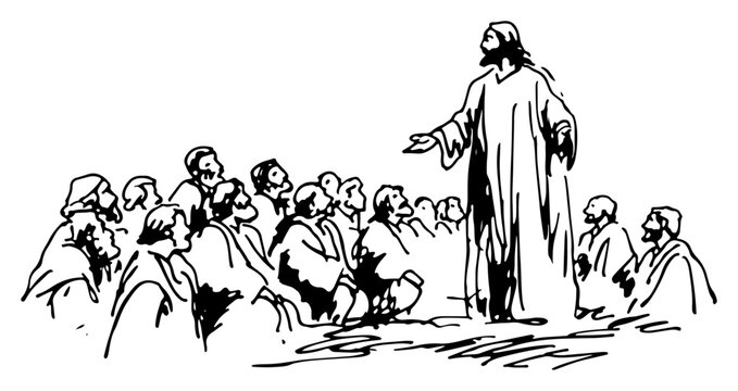Biblical vector illustration of Jesus Christ teaching and preaching to a crowd of people