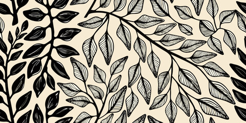 Stylized botanical illustration black and white leaves and branches pattern © Parash