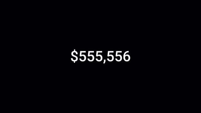 Dollar counting animation from 0 to 1,000,000 dollars with an alpha channel, money calculating animation from zero to one million on transparent background, 4k one million dollars counter video. 