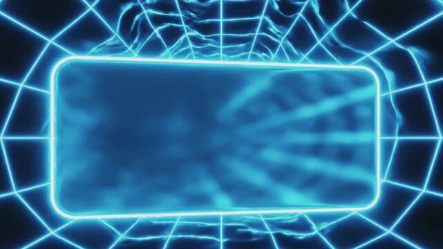 looping 3d animation, abstract blue neon background with linear frame. Simple geometric shape, blank rectangular banner