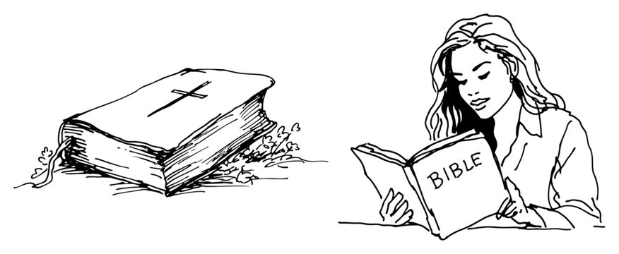 Hand drawn sketch of a closed bible and a woman reading scripture