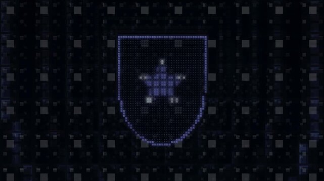 Video, Shield Corridor Tunnel background with Navy Blue colors, stars, pixel glyphs, for wallpaper, presentations, security, military, police,