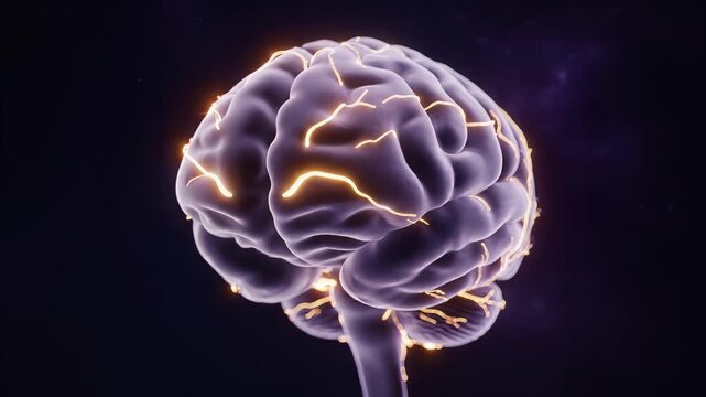 Pulsating Human Brain, cinematic rotating shot of an abstract glowing brain with active neural networks, representing thought, intelligence