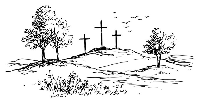 Hand drawn sketch of three crosses on golgotha hill landscape in line art style