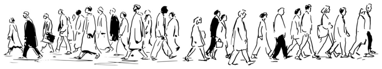 Hand drawn sketch of a large crowd of walking people in horizontal banner format © Celestynka