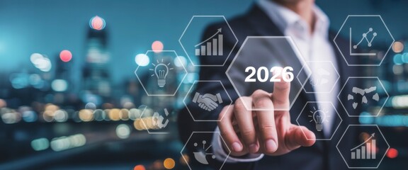 Obraz premium Navigating the Future: A modern businessperson, immersed in an innovative digital interface, interacts with an array of interconnected icons, focusing on the year 2026.