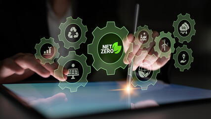 Interconnected green gears with icons representing renewable energy, carbon reduction, recycling,...