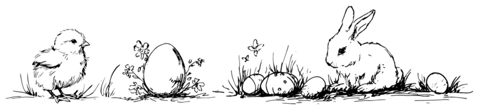 Horizontal easter banner with hand drawn chick bunny and decorated eggs in grass
