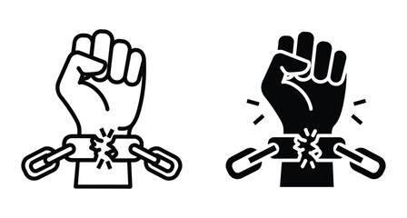 Fototapeta premium Raised fist breaking metal chains icon set representing freedom liberation human rights protest power strength revolution independence justice and social change