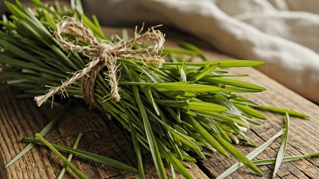 Fresh green wheatgrass bundle tied with twine on rustic wood