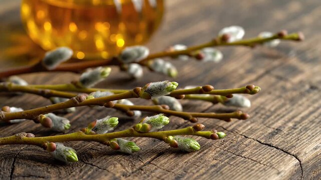 Fresh pussy willow branches with catkins on rustic wooden background