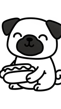Cute cartoon pug dog happily eating a hot dog on a white background, funny pet animation, fast food concept.
