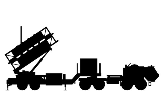 Air Defense System Patriot Rocket Vehicle. Anti Ballistic Missile Air Dome. Silhouette Vector Line Art Design.