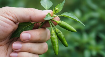 Hand holding green chili peppers with leaves in garden or farm setting for cooking or agriculture use