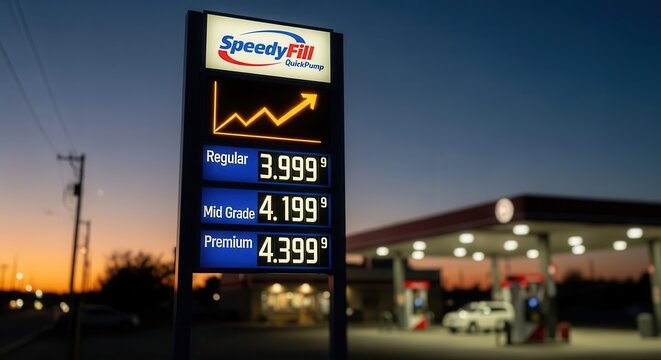 A gas station sign displaying fuel prices at dusk with a blurred background of the station and a vibrant sky