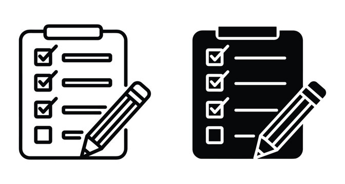 Clipboard with checkmarks and pencil icon set for survey task management business planning project tracking checklist report document form list