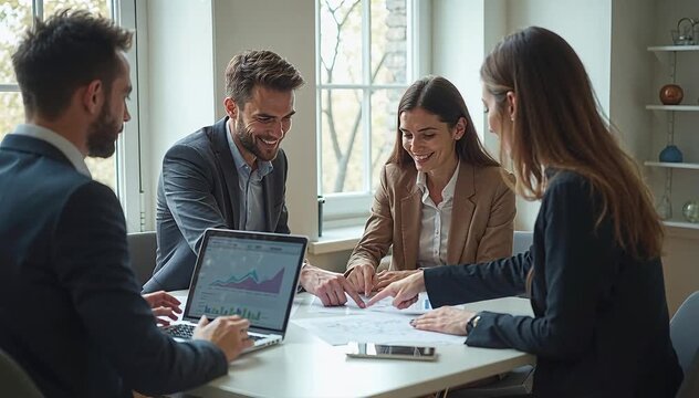 Diverse team of business professionals in sharp suits gathered around a conference table, actively discussing charts and profit graphs on laptops and printed reports