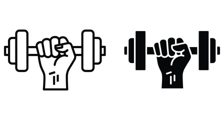 Obraz premium Hand gripping heavy dumbbell icon set for fitness gym workout bodybuilding strength training weightlifting exercise equipment symbol graphic design element