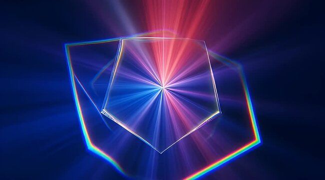 Abstract geometric prism with radiating light streaks, blue and red color scheme