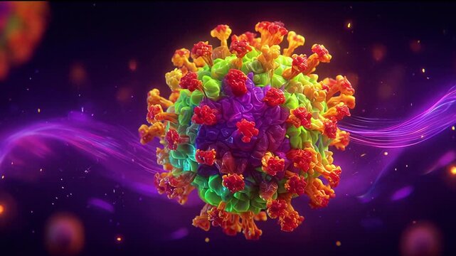Colorful multi-layered virus molecule model with spikes floating on a dark purple background with energy waves, viral infection research, microscopic science.