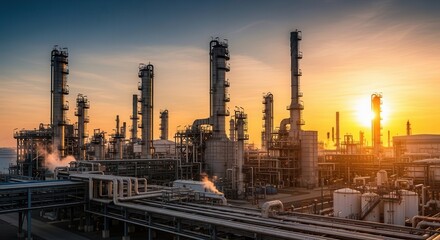 Obraz premium An industrial oil refinery at sunset with smokestacks and pipelines