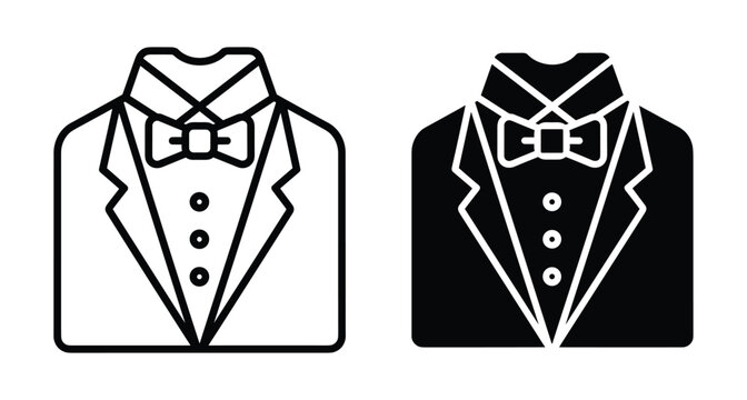 Tuxedo suit icon set with bowtie and buttons for formal events wedding groom attire gentleman tuxedo suit icon set