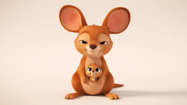 Animated kangaroo mother and baby joey character on studio background cute family cartoon animal rendered