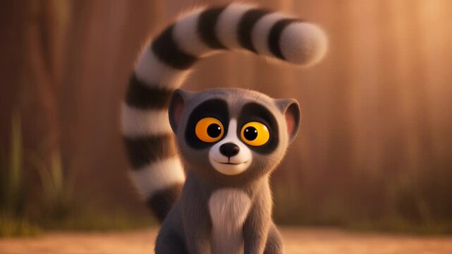 Animated ring tailed lemur close up with big orange eyes and a cute smile with blurred forest background