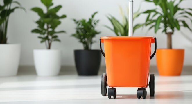 orange bucket on wheels with potted plants in the background on white floor