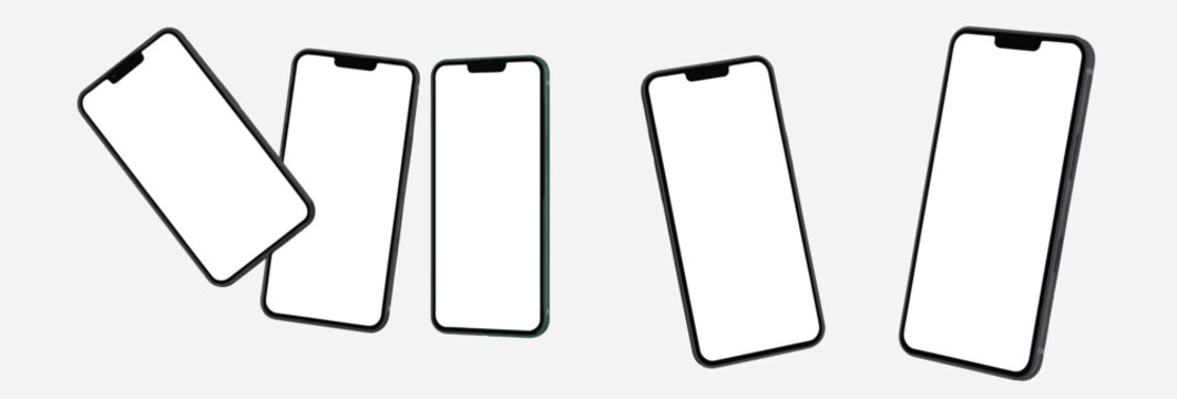 Multiple modern smartphones with blank white screens in dynamic angles for app UI/UX mockups and presentations.