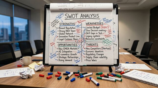 Conference Room Flipchart with SWOT Analysis Scribbles and Scattered Marker Caps