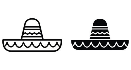 Mexican sombrero hat icon set with outline and solid black silhouette styles for cinco de mayo celebration and traditional culture design