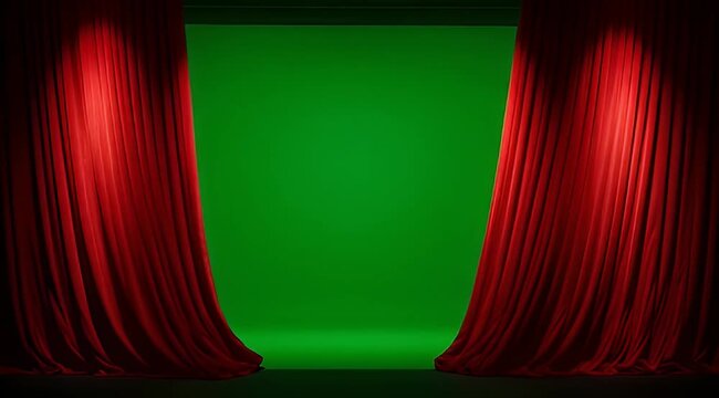Dramatic red curtains opening to a vibrant green screen stage background