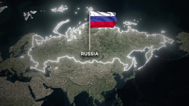 Russia Glowing Border Map Animation with 3D Waving of Russia National Flag Animation on World Map