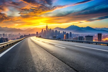 Obraz premium Scenic Highway Leading to Distant Mountains at Sunrise 